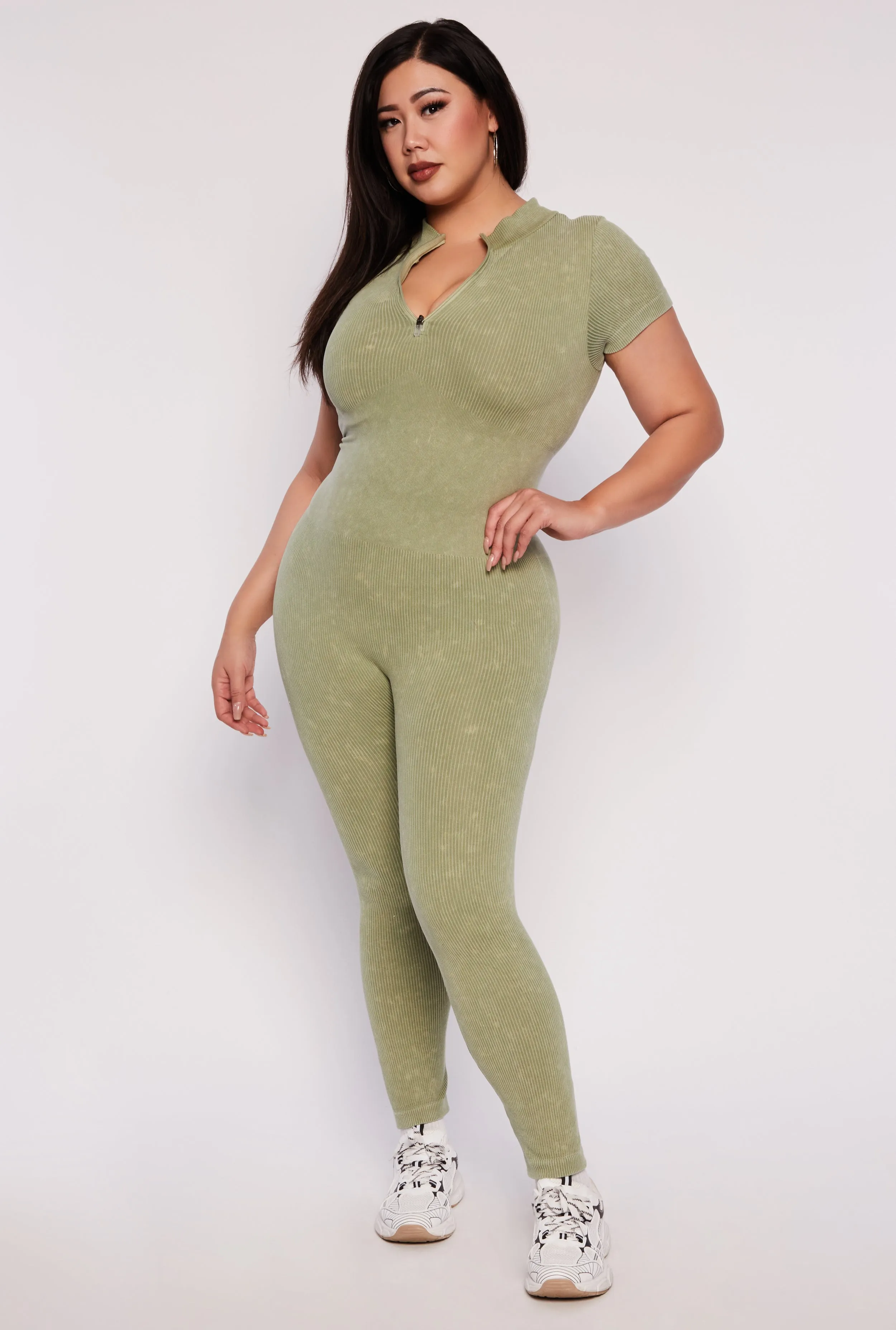 Plus Size Ribbed Knit Zip Neck Catsuit sold by Rainbow product image thumbnail 2