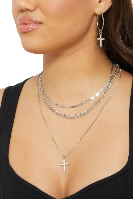 Cubic Zirconia Cross Layered Necklace and Earrings Set sold by Rainbow