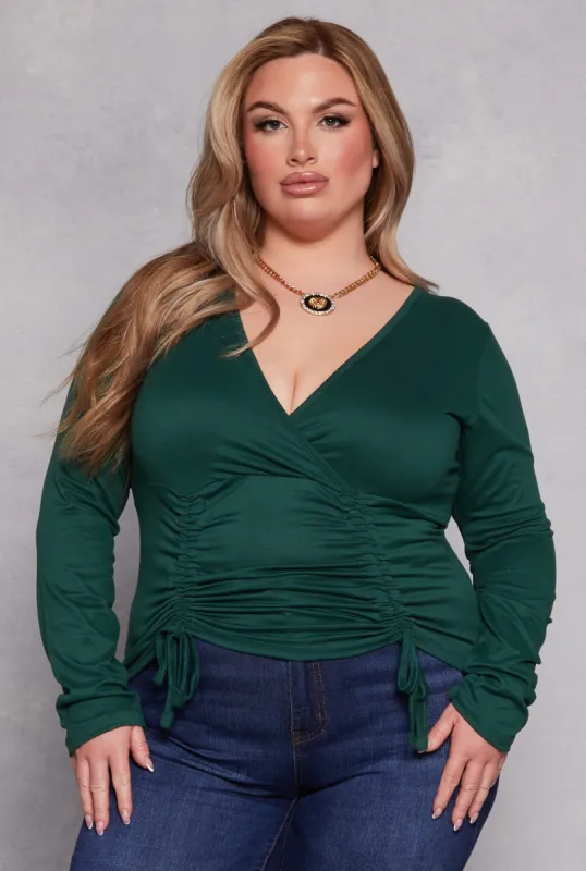 Plus Size Drawstring Ruched Faux Wrap Top sold by Rainbow