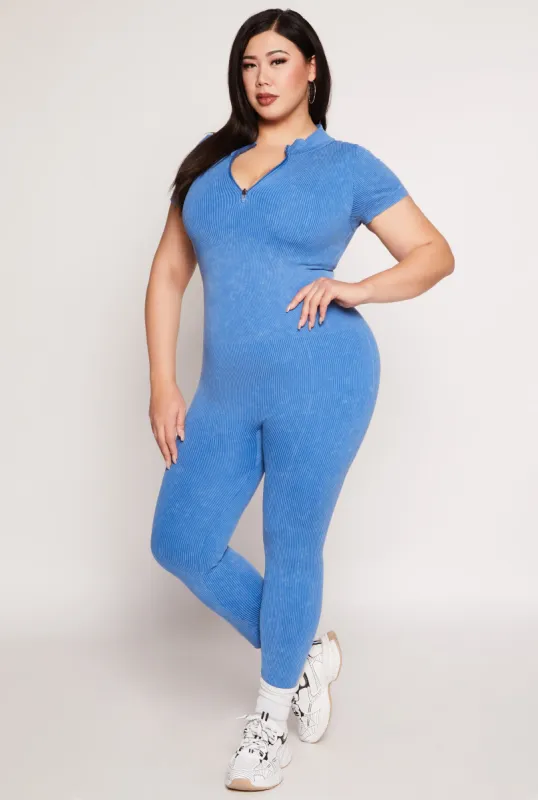 Plus Size Ribbed Knit Zip Neck Catsuit sold by Rainbow