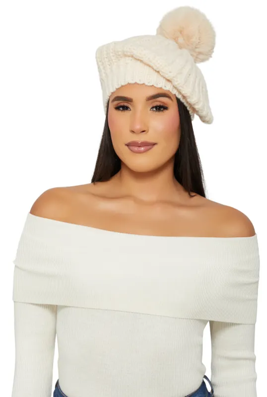 Faux Fur Pom Pom Knit Beret sold by Rainbow