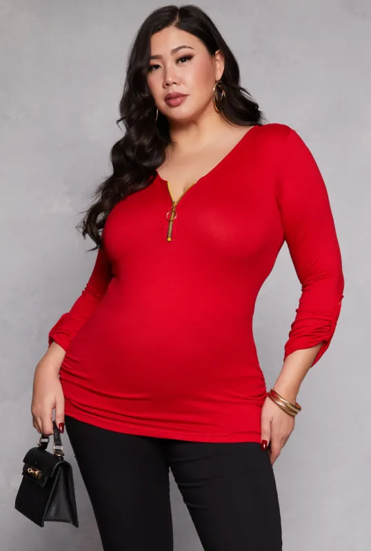 Plus Size Half Zip Ruched Long Sleeve Top sold by Rainbow