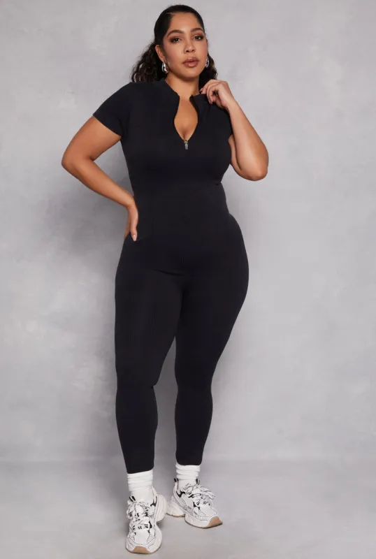 Plus Size Ribbed Knit Zip Neck Catsuit sold by Rainbow