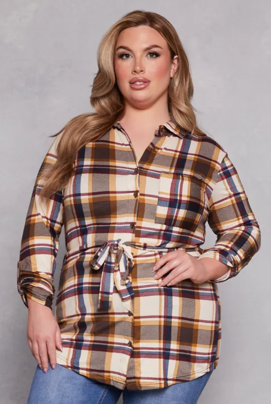 Plus Size Plaid Tie Waist Belted Shirt sold by Rainbow