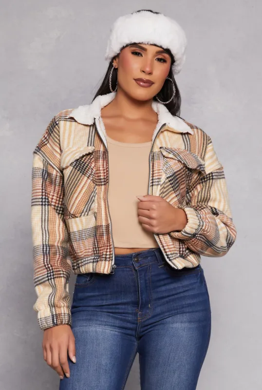 Plaid Sherpa Lined Cropped Jacket sold by Rainbow