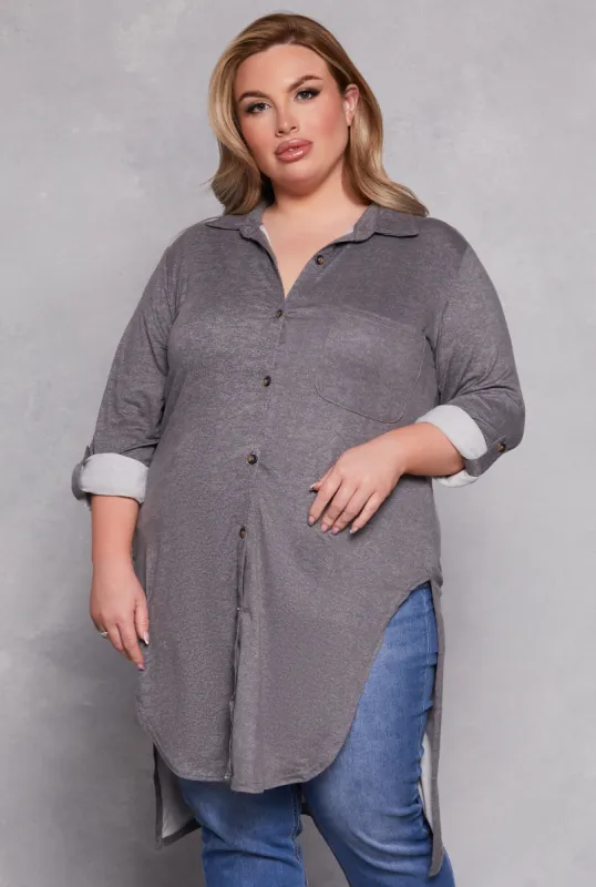 Plus Size Tie Button Front Tunic Top sold by Rainbow