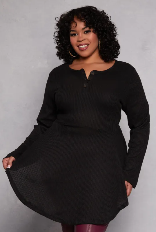 Plus Size Waffle Knit Henley Peplum Top sold by Rainbow