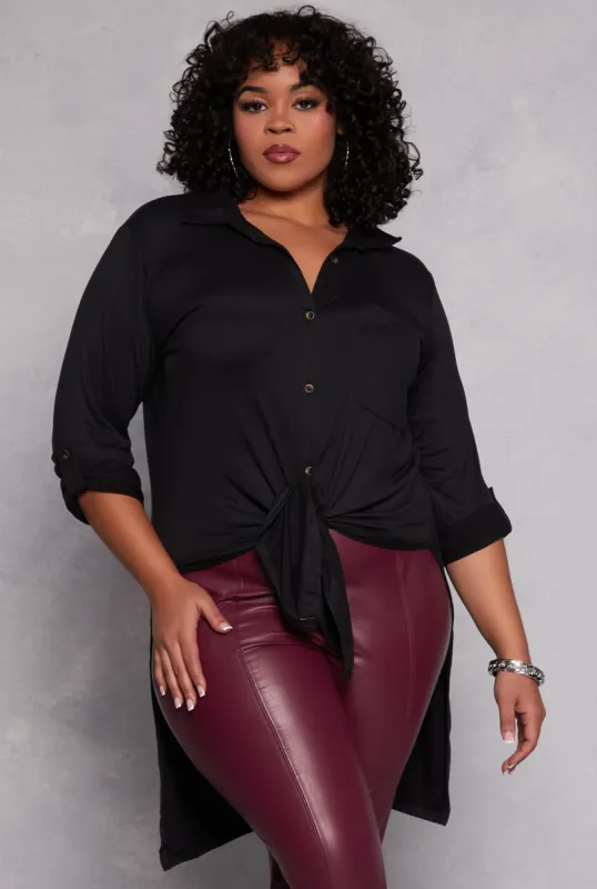 Plus Size Tie Button Front Tunic Top sold by Rainbow
