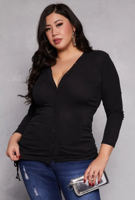 Plus Size Ruched Drawstring Side Button Front Top sold by Rainbow