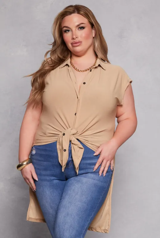 Plus Size Tie Front Button Front Shirt sold by Rainbow