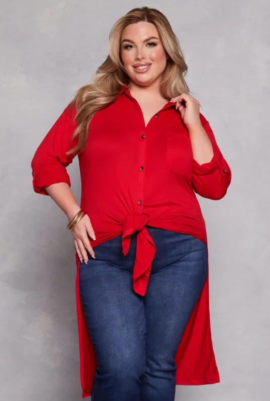 Plus Size Tie Button Front Tunic Top sold by Rainbow