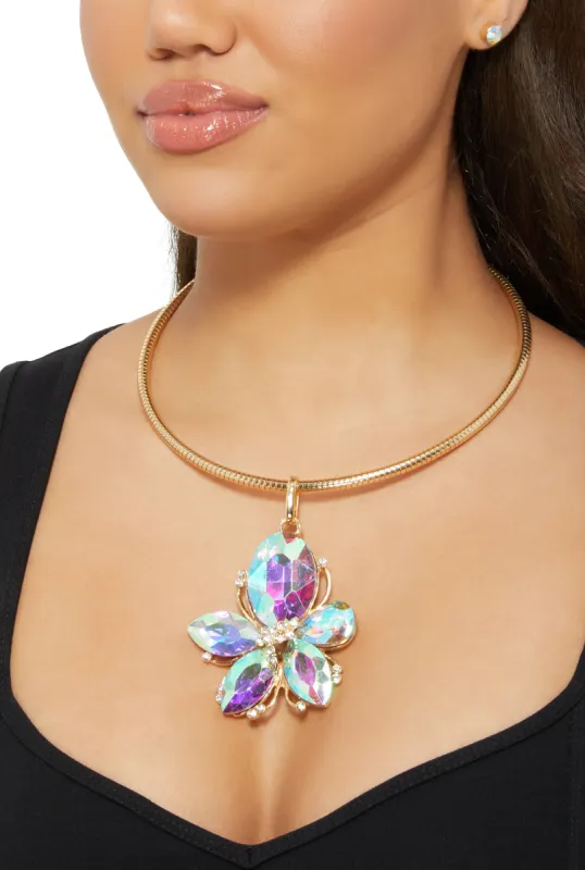 Rhinestone Flower Statement Necklace and Earrings Set sold by Rainbow
