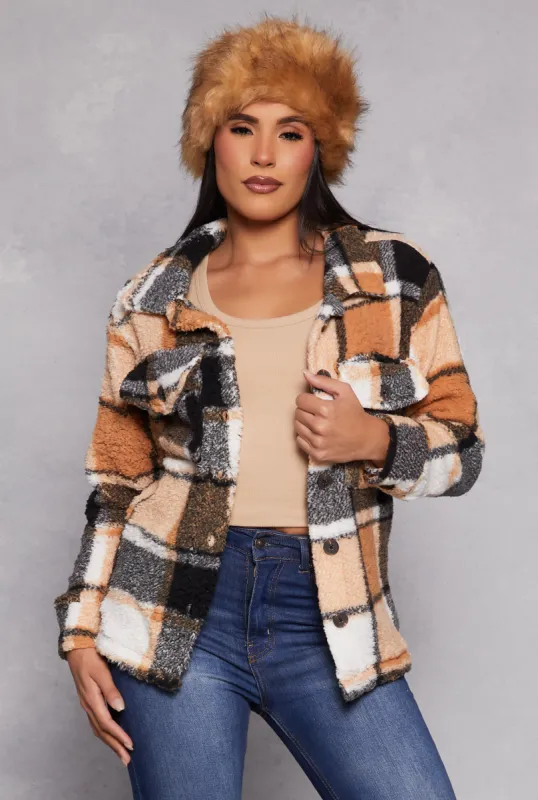 Plaid Sherpa Button Front Shacket sold by Rainbow