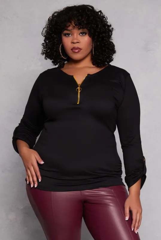 Plus Size Half Zip Ruched Long Sleeve Top sold by Rainbow