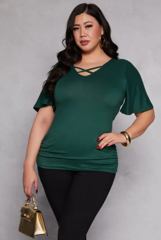 Plus Size Criss Cross V Neck Flutter Sleeve Top sold by Rainbow