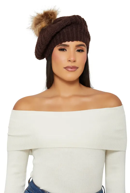 Faux Fur Pom Pom Knit Beret sold by Rainbow