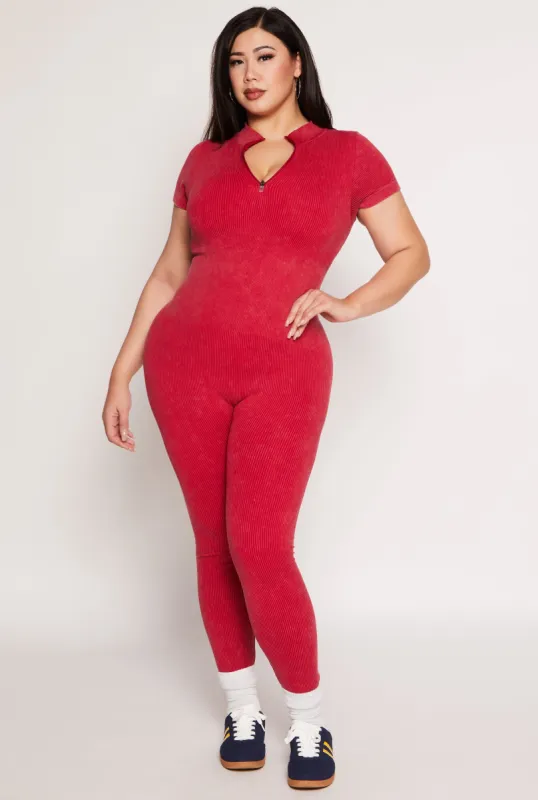 Plus Size Ribbed Knit Zip Neck Catsuit sold by Rainbow