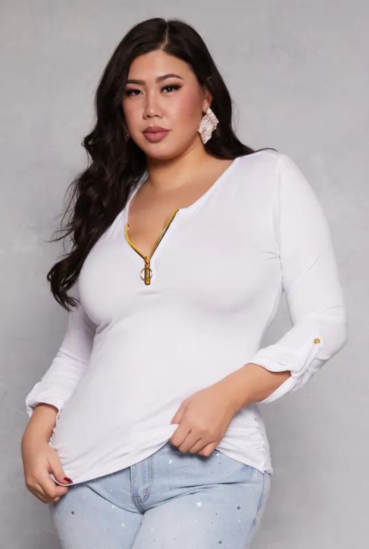 Plus Size Half Zip Ruched Long Sleeve Top sold by Rainbow
