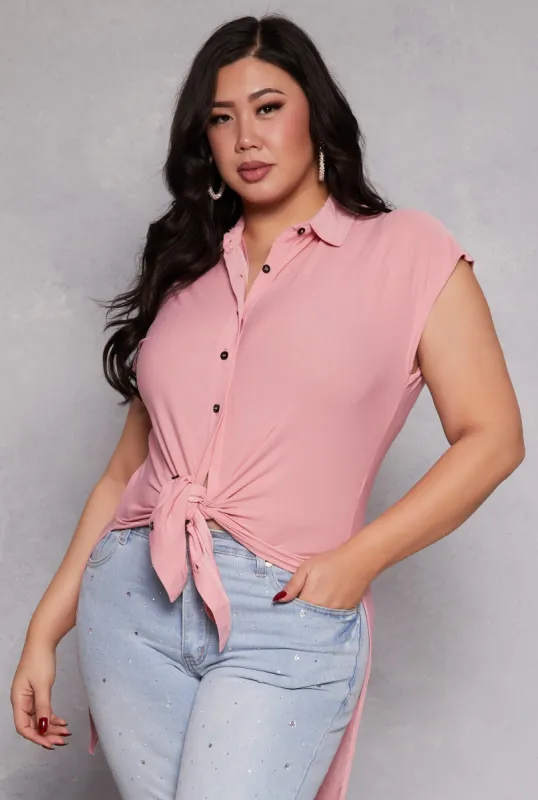 Plus Size Cap Sleeve Tie Front High Low Shirt sold by Rainbow