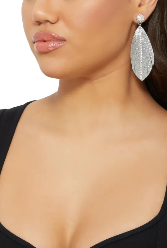 Rhinestone Detail Glitter Feather Earrings sold by Rainbow