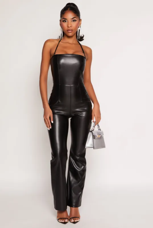 Iris Faux Leather Halter Jumpsuit sold by Rainbow