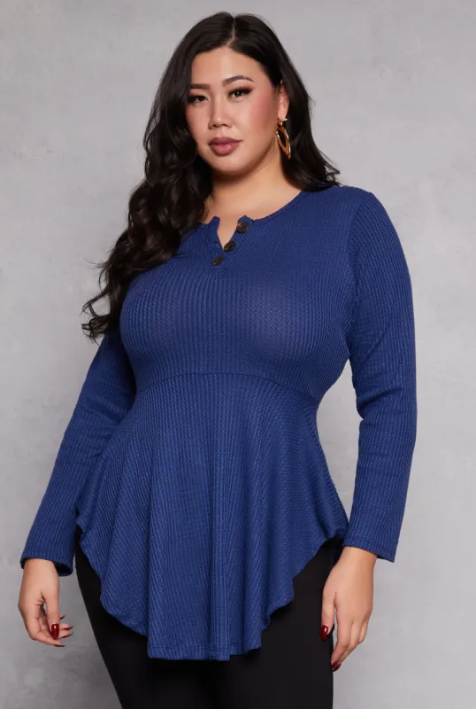 Plus Size Waffle Knit Henley Peplum Top sold by Rainbow