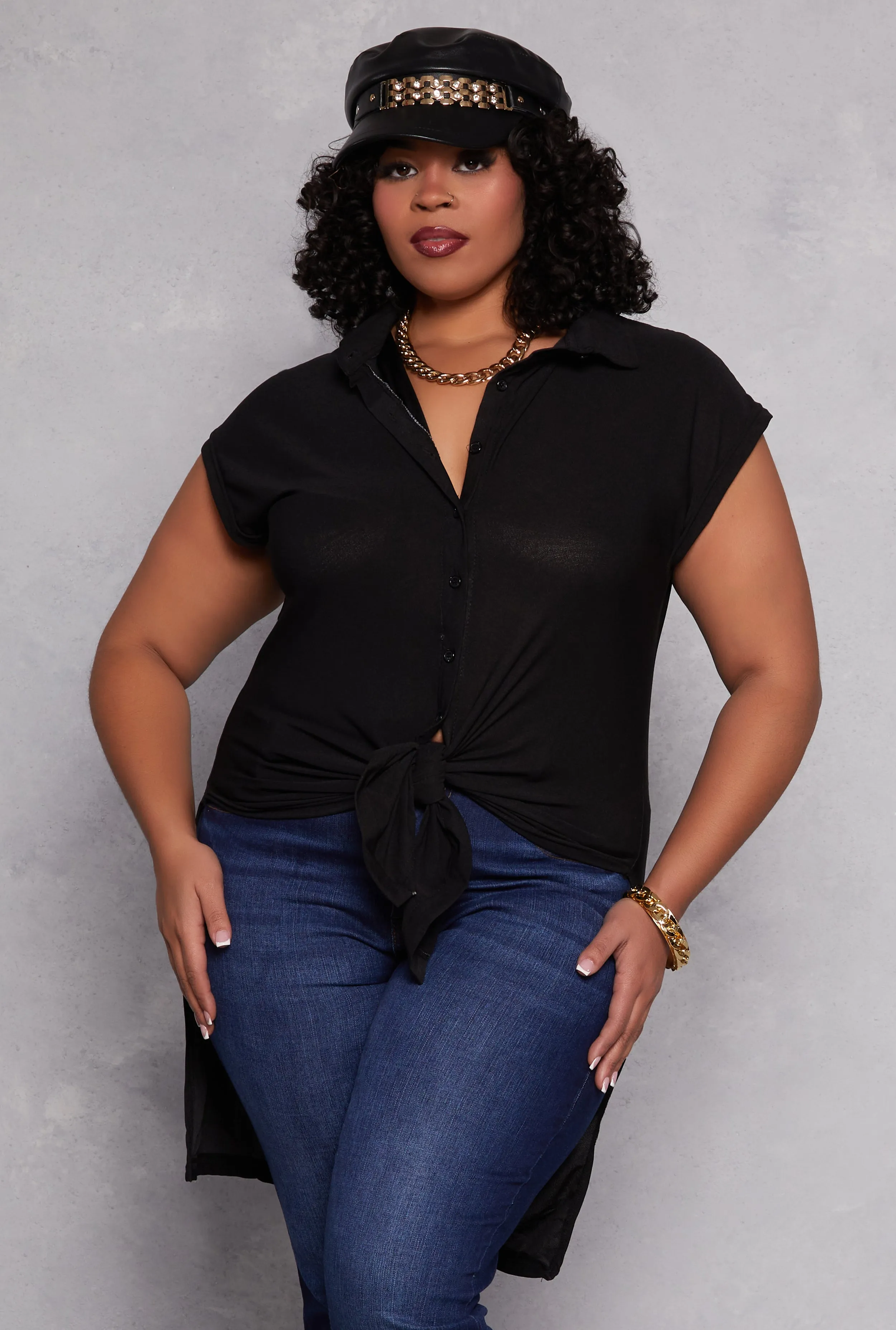 Plus Size Tie Front Button Front Shirt sold by Rainbow