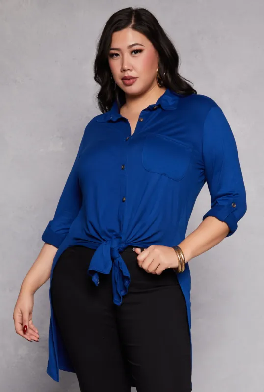 Plus Size Tie Button Front Tunic Top sold by Rainbow