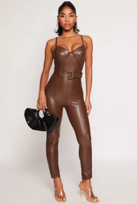 Haute Monde Faux Leather Belted Bustier Jumpsuit sold by Rainbow