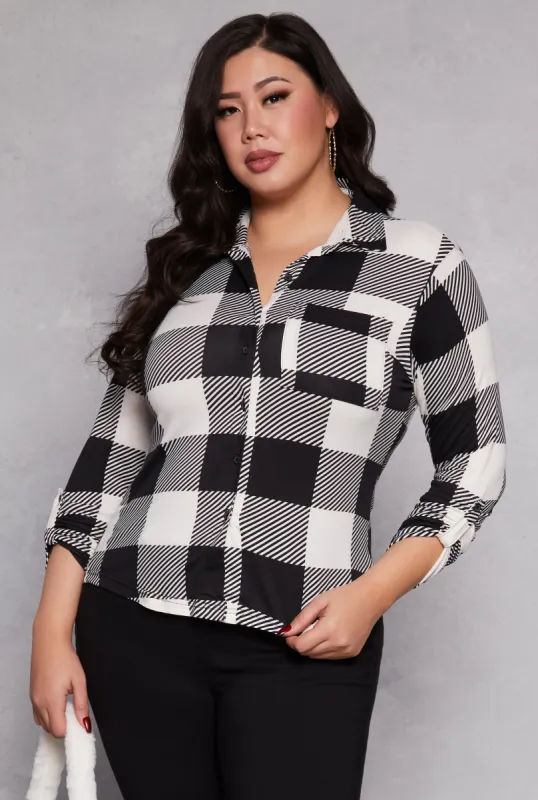 Plus Size Buffalo Plaid Tabbed Sleeve Shirt sold by Rainbow