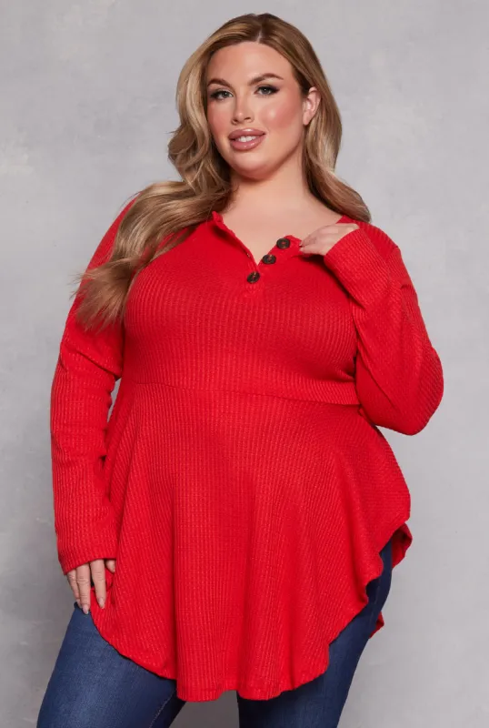 Plus Size Waffle Knit Henley Peplum Top sold by Rainbow