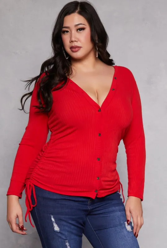Plus Size Ruched Drawstring Side Button Front Top sold by Rainbow