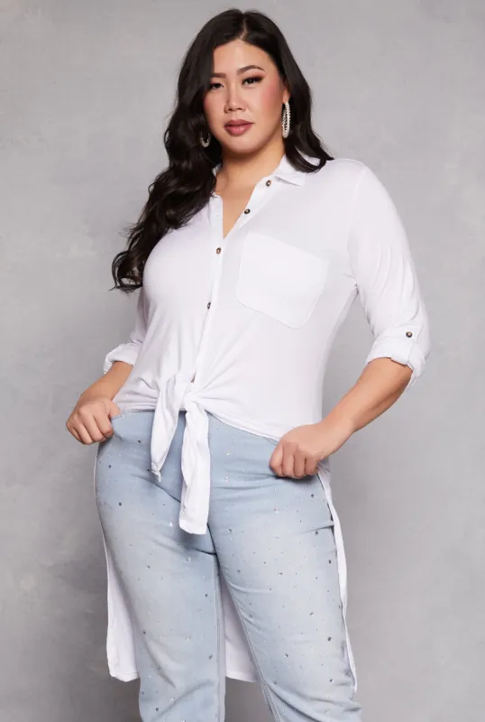 Plus Size Tie Button Front Tunic Top sold by Rainbow