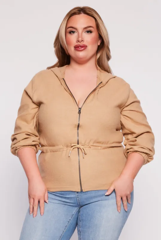 Plus Size Cinched Waist Zip Hooded Top sold by Rainbow