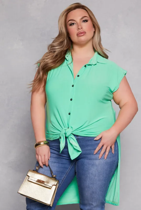 Plus Size Tie Front Button Front Shirt sold by Rainbow