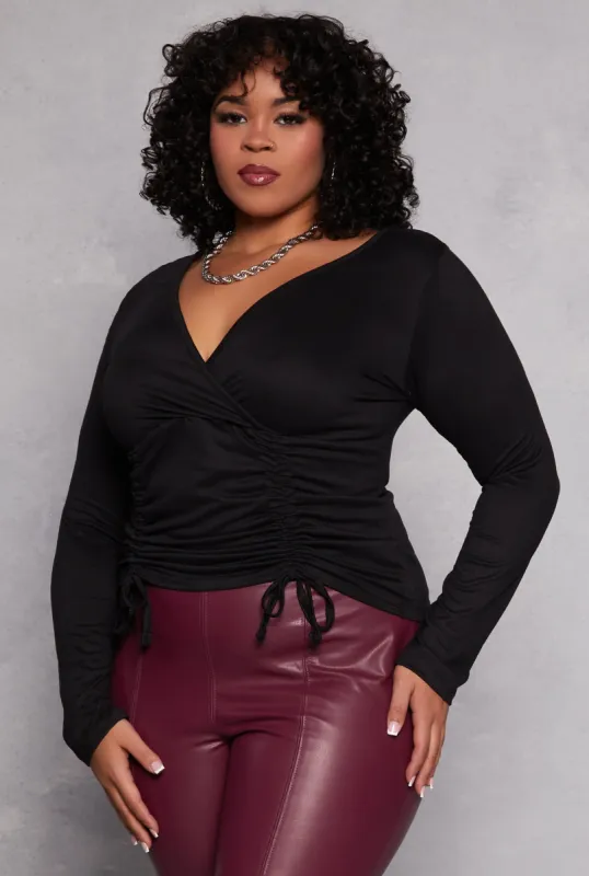 Plus Size Drawstring Ruched Faux Wrap Top sold by Rainbow
