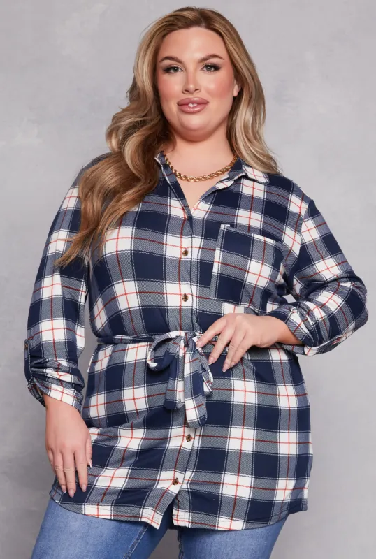Plus Size Plaid Tie Waist Belted Shirt sold by Rainbow