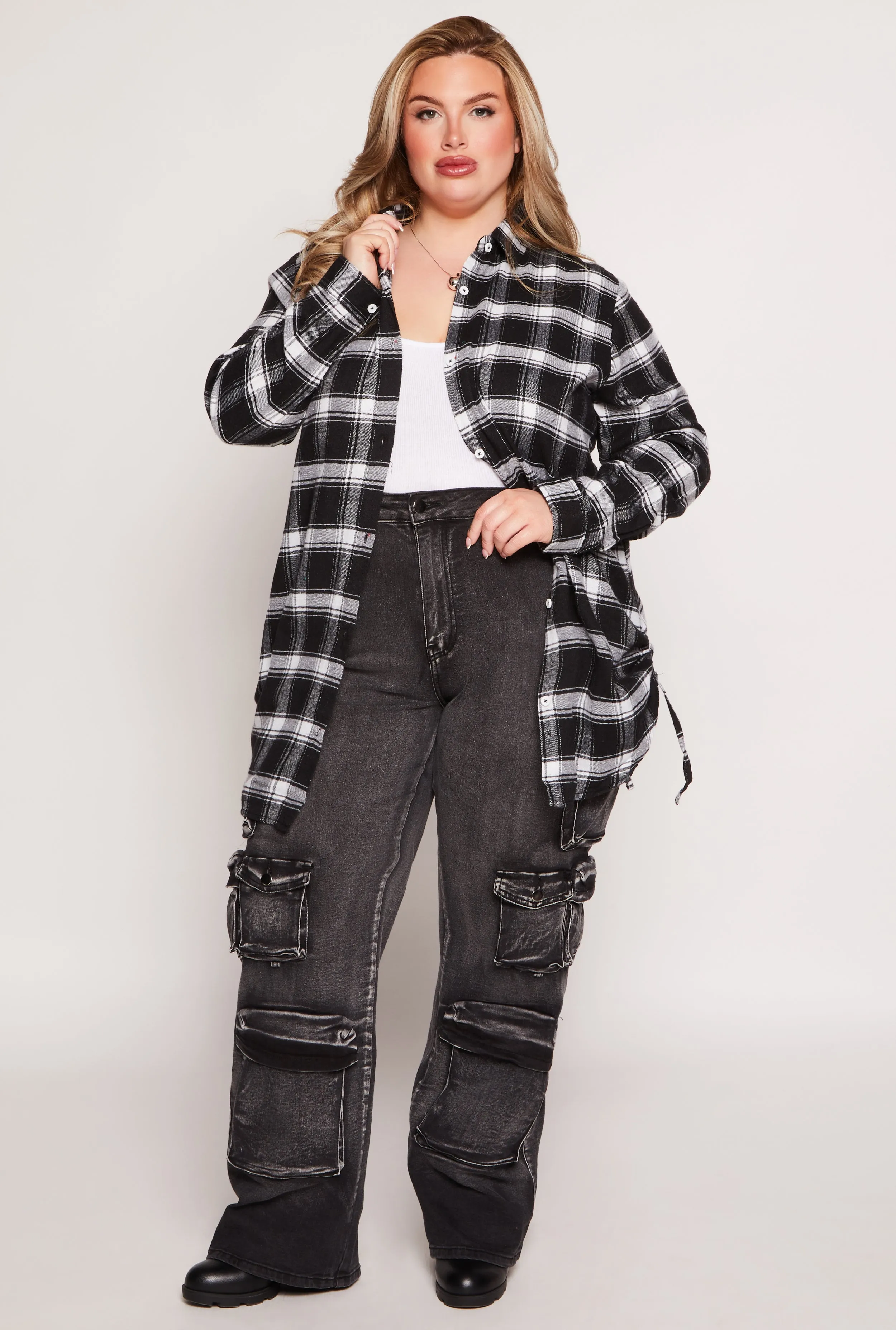 Plus Size Ruched Side Button Front Shirt sold by Rainbow product image thumbnail 2