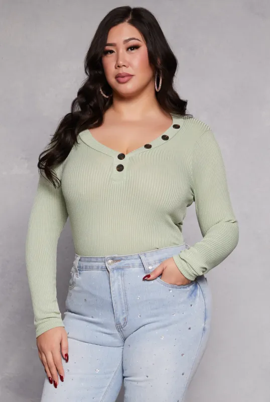 Plus Size Brushed Ribbed Knit V Neck Top sold by Rainbow