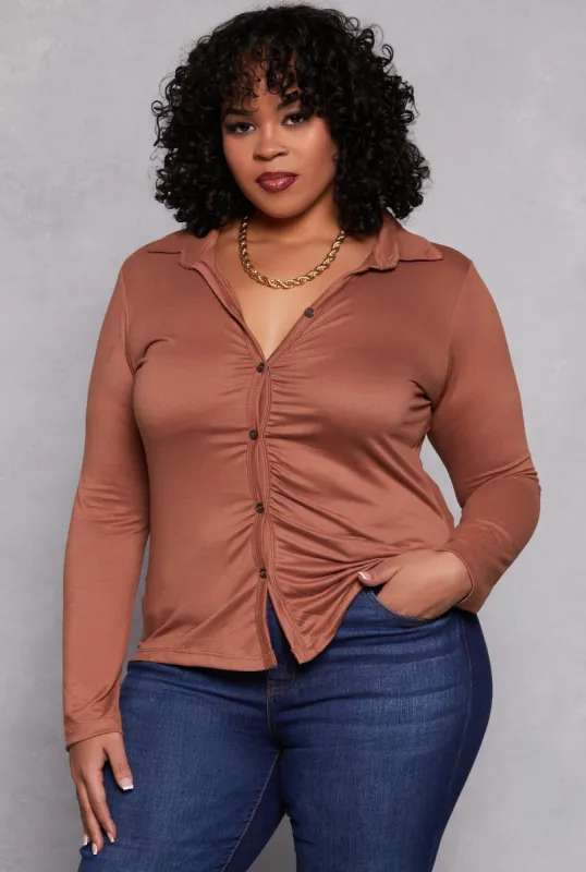 Plus Size Ruched Button Front Shirt sold by Rainbow