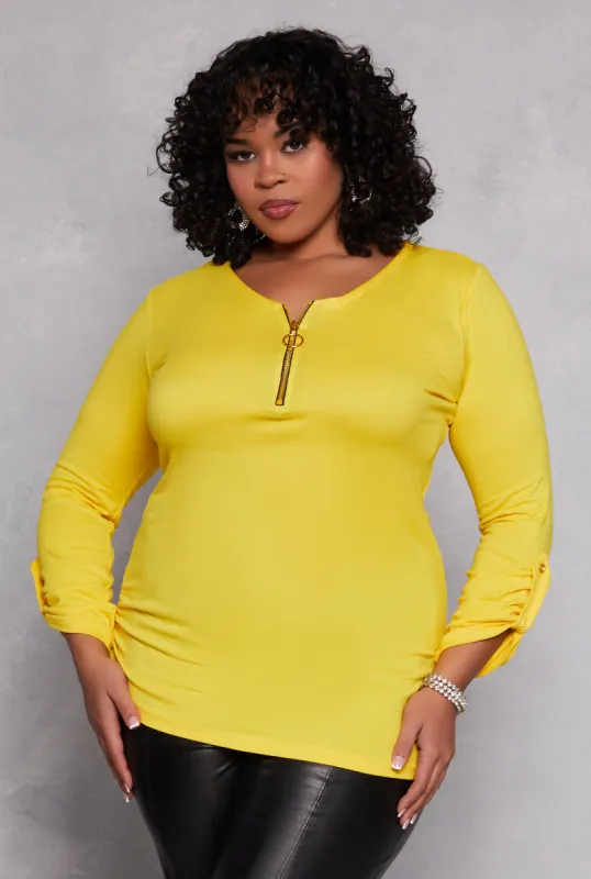 Plus Size Half Zip Ruched Long Sleeve Top sold by Rainbow