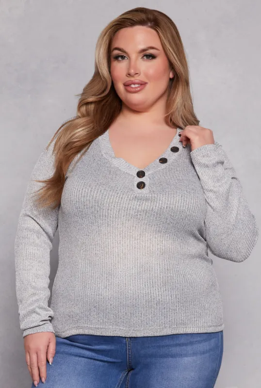 Plus Size Brushed Ribbed Knit V Neck Top sold by Rainbow