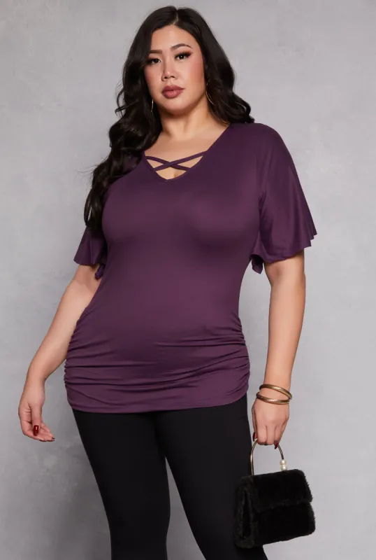 Plus Size Criss Cross V Neck Flutter Sleeve Top sold by Rainbow