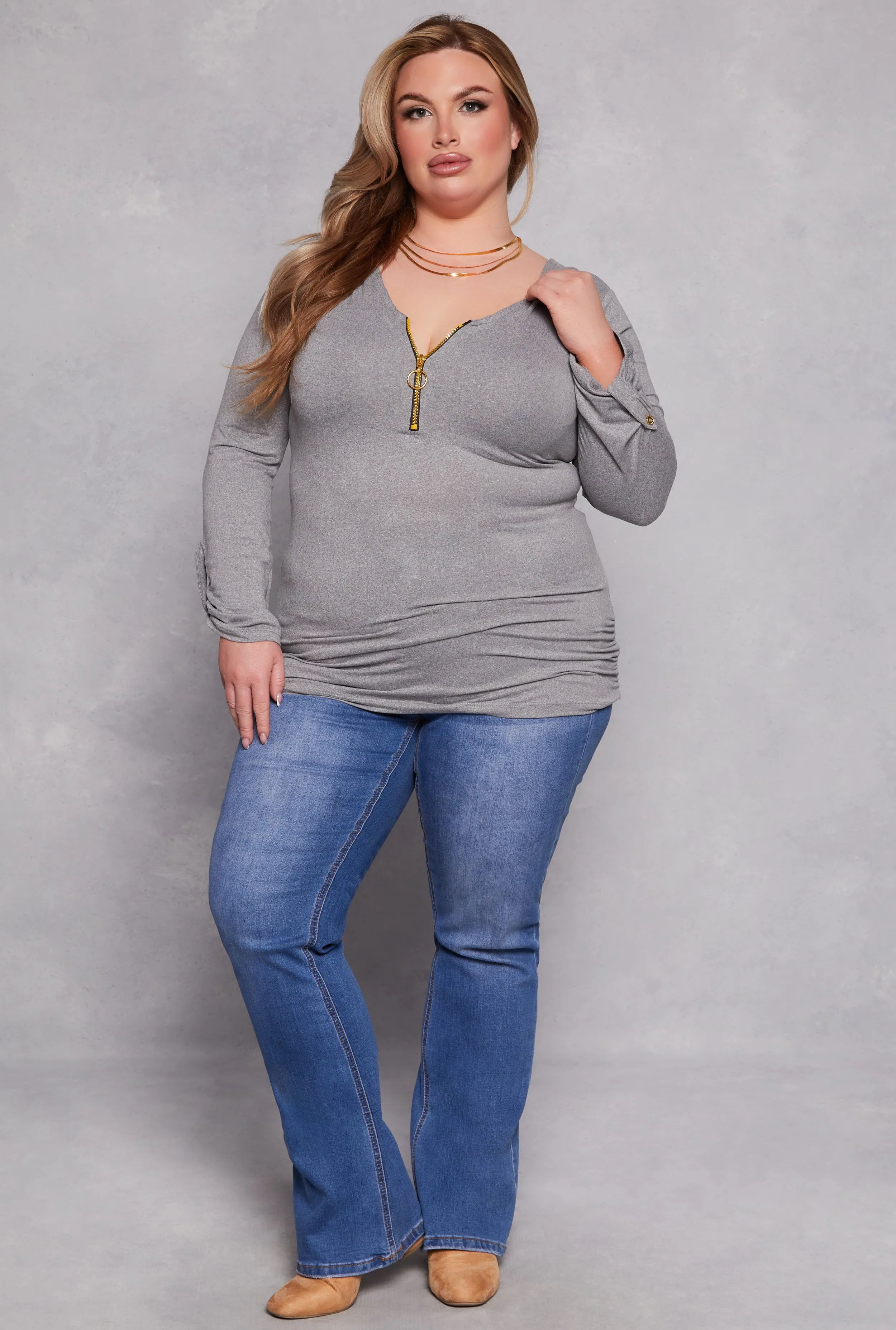 Plus Size Half Zip Ruched Long Sleeve Top sold by Rainbow product image thumbnail 2
