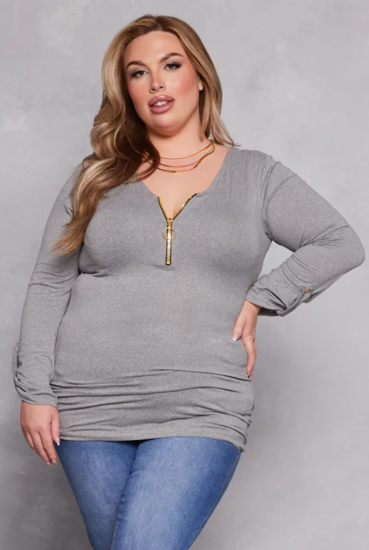 Plus Size Half Zip Ruched Long Sleeve Top sold by Rainbow