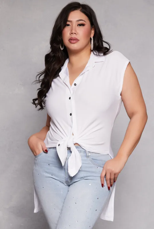Plus Size Cap Sleeve Tie Front High Low Shirt sold by Rainbow