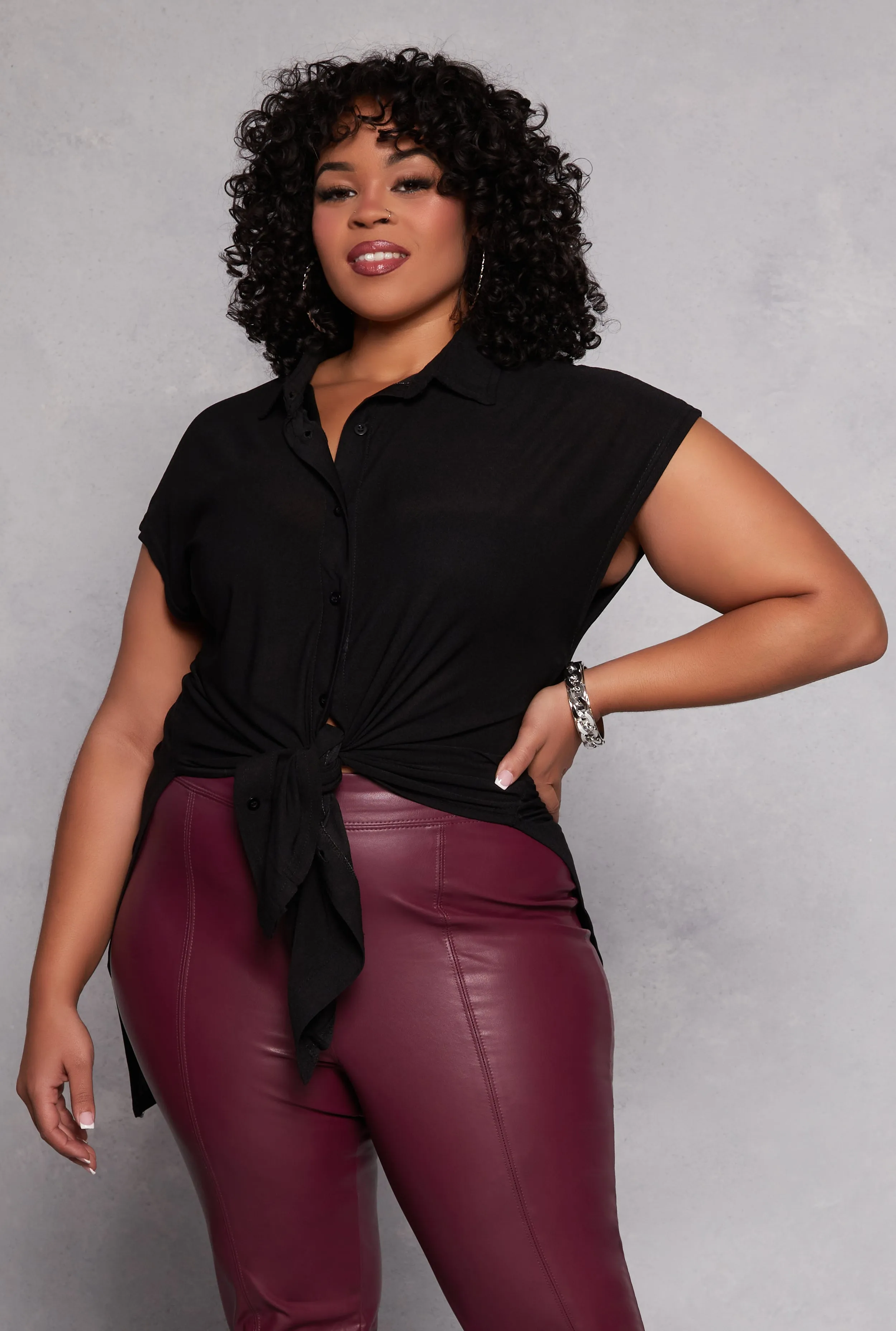 Plus Size Cap Sleeve Tie Front High Low Shirt sold by Rainbow
