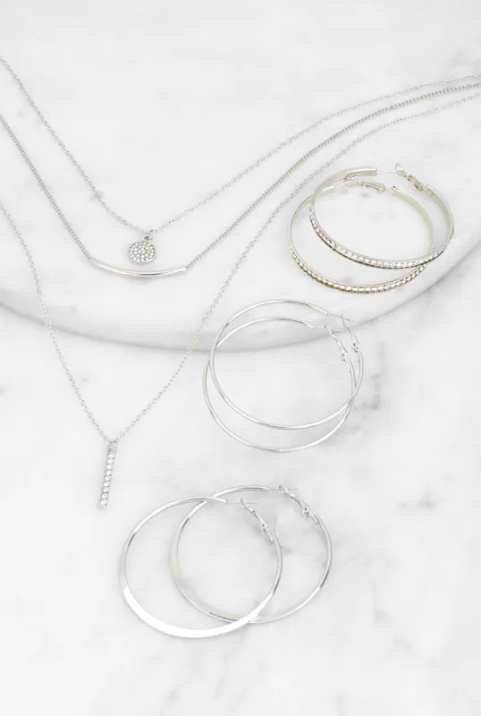 Cubic Zirconia Layered Necklace with Hoop Earrings Trio sold by Rainbow