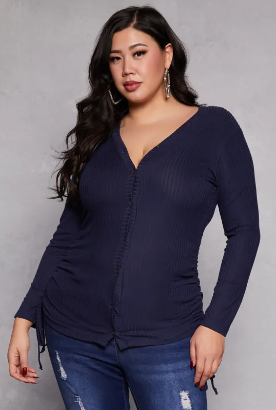 Plus Size Ruched Drawstring Side Button Front Top sold by Rainbow