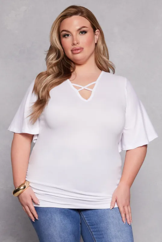 Plus Size Criss Cross V Neck Flutter Sleeve Top sold by Rainbow